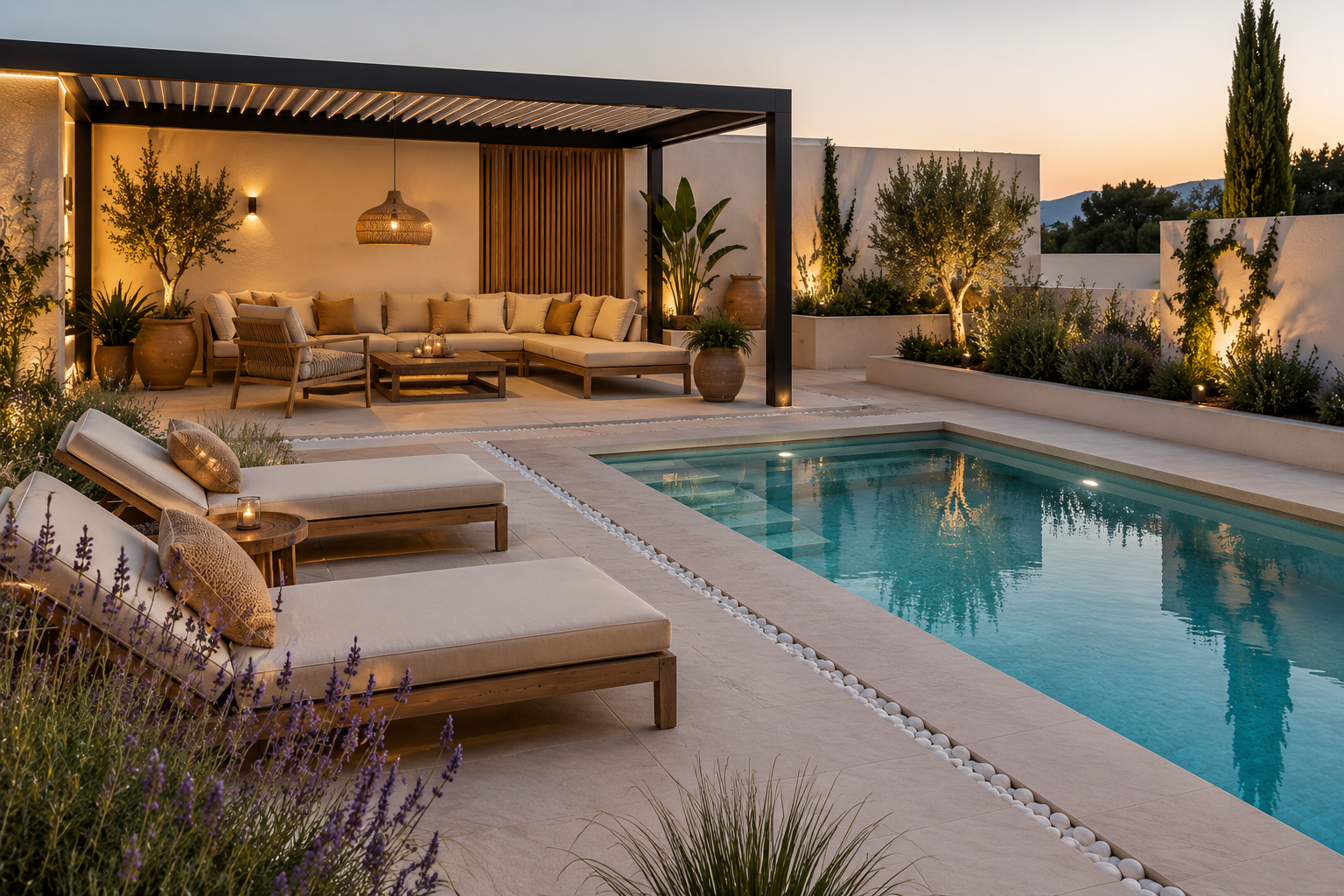Solárium de piscina moderno con pérgola bioclimática, iluminación exterior y zona chill out mediterránea
